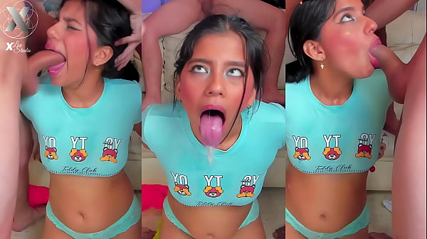 Cock-addicted girl gives blowjobs to 3 guys, leaving drooling