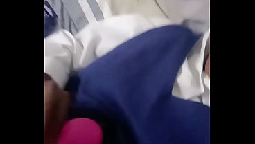 Black student play with wet pussy and sucks pink vibrator