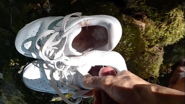 Twink jerks off his cock, squirts cum in dirty smelly shoes, into white sneakers, Nike Air Force One AF1, it's a porn video for gay feet foot fetish lovers