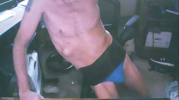 2023 Grinding on Stool in Blue Briefs and Back Brace for Stretching and Pain Relief