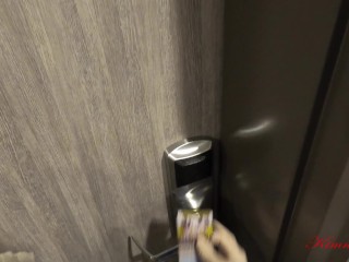 COCK FLASHING Real hotel maid watches me jerk off. she helps with handjob and cum in her panties