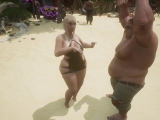 Wife having fun at beach party with cuckold 3D