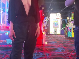 Wife Flashes Tits and Husband Plays with Her Pussy at the Arcade