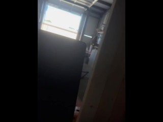 Girl at work strokes cock until I cum all over her clothes while the other crew members are at lunch