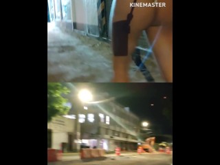 Dual cam: Exhibitionist sissy in thong getting her bottom naked in the street