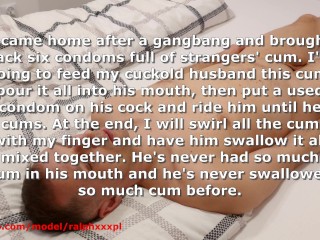 Extreme femdom cum feeding from six condoms after gangbang. Cuckold swallows a mouth full of cum