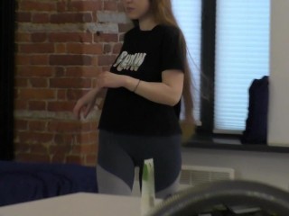 Gym with shy redhead teen ! Cum on little hairy pussy