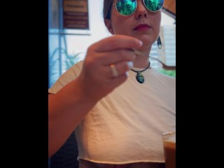 Enjoying my coffee while wearing an Underboob top, flashing everyone in public.