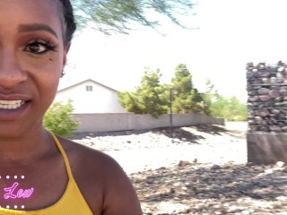 Freaky Ebony playing with her pussy with a cucumber in public