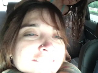 whore can't stand it and pleasures her pussy in an uber with a strap-on