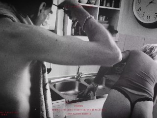 Slutty nymphomaniac mother-in-law, cleans in lingerie to tease her son-in-law.