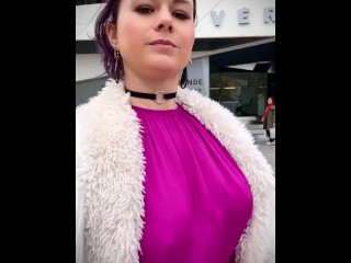 Bouncing Boob and hard pokies as I walk Braless to the coffee shop