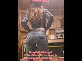 Horny Redhead Cowgirl fucks herself, tasting anal toy, squirting in barn!