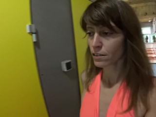 MILF in the public restrooms of a rest area is looking for a daddy to cum in her hot pussy
