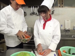 Chef and restaurant manager discipline the Asian cook by making her squirt with thick vegetables