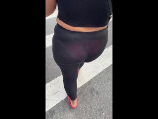 Wife black leggings in pink visible panties