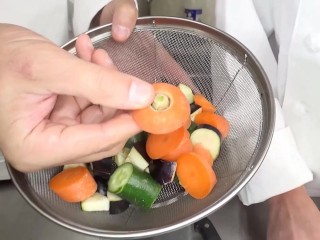 Chef and restaurant manager discipline the Asian cook by making her squirt with thick vegetables