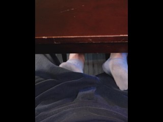 Stroking his cock with my feet under the table - Ava Brooke