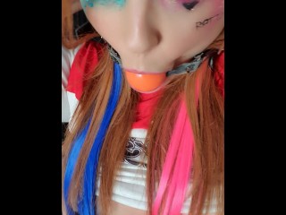 Harley Quinn cosplay gagged drooling saliva nipple clamps