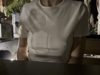 Hubby touches my pussy in a beach bar with me dressed in a tight shirt and short skirt, no panties.