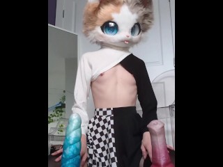 Cute little furry catgirl size comparison and teasing with large Bad Dragon Tucker & Mystic! :3