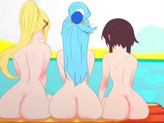 Konosyba: Girls with penises staged a "train" (orgy) Aqua casts penises on Megumin and Darkness !